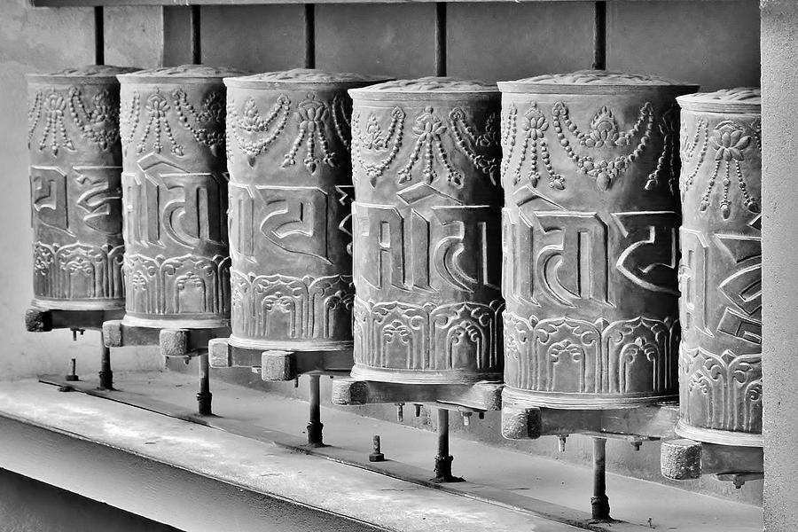 Tibetan Prayer Wheels - Black and White Photograph by Kim Bemis