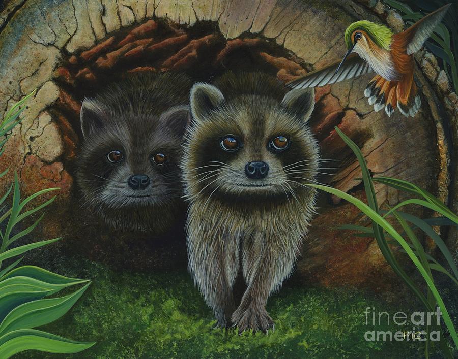 Tiffany and Raccoons Painting by Rosellen Westerhoff