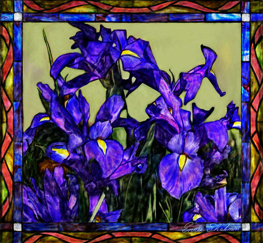 Tiffany Style Blue Iris Painting