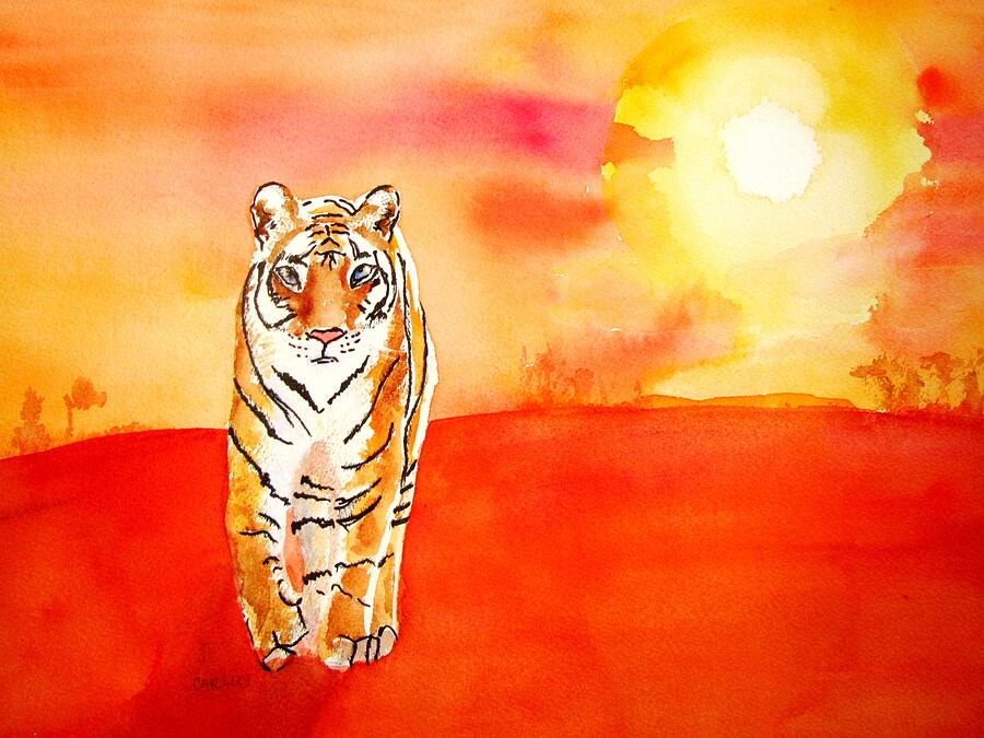 Sunset Painting - Tiger and Fiery Sun watercolor by Carlin Blahnik CarlinArtWatercolor