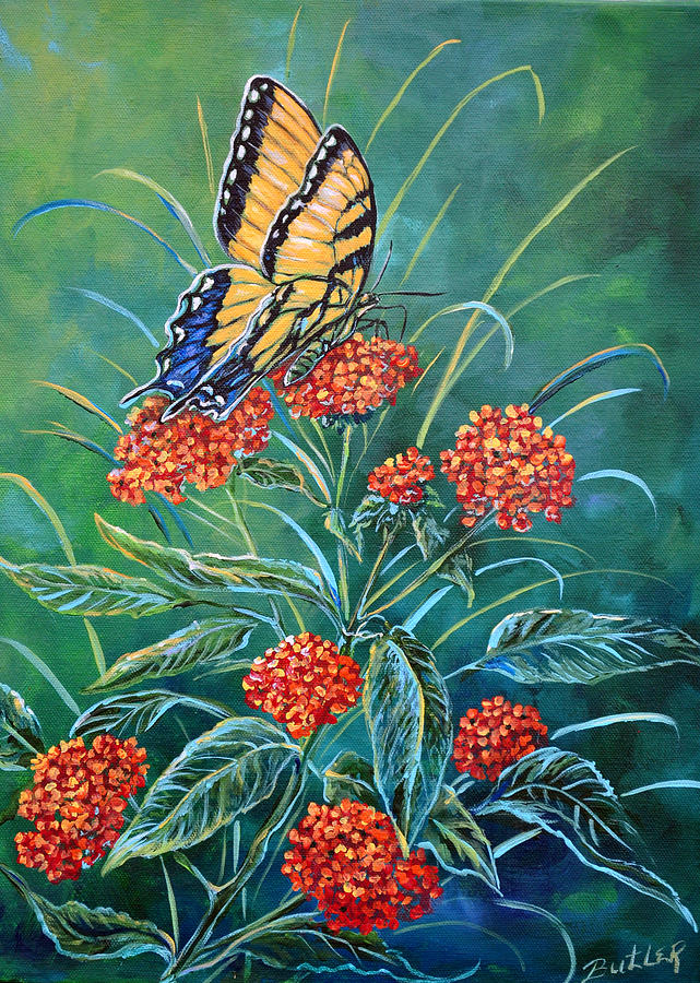 Tiger and Lantana Painting by Gail Butler