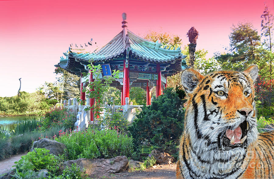 Tiger by a Chinese Pagoda Photograph by Jim Fitzpatrick