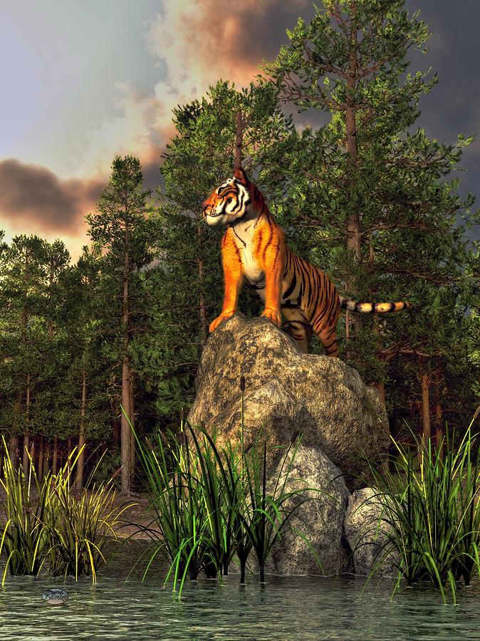 Tiger by the Lake Digital Art by Daniel Eskridge