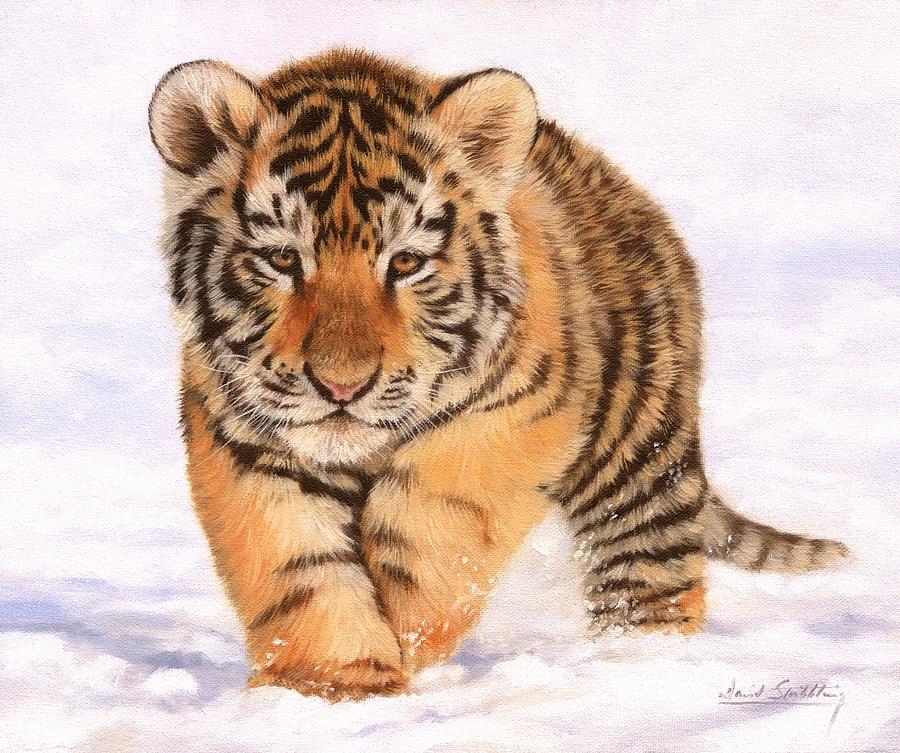 Tiger Cub in Snow Painting Painting by David Stribbling