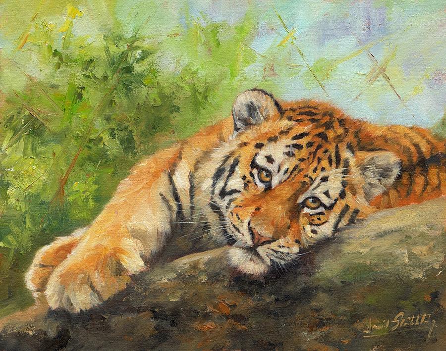 Wildlife Painting - Tiger Cub Resting by David Stribbling