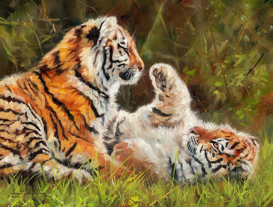 Tiger Cubs Playing Painting by David Stribbling