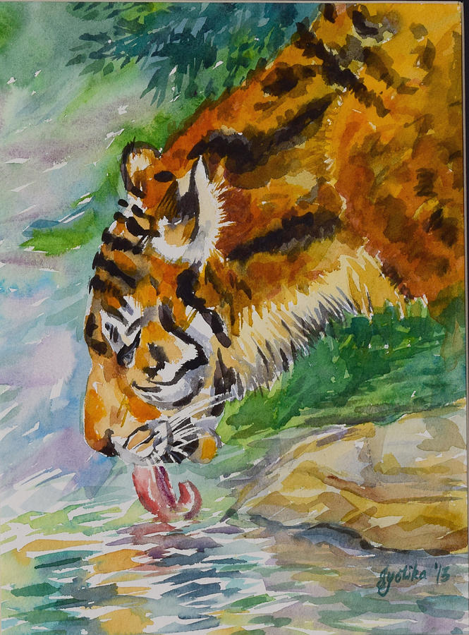 Tiger Drinking Water Painting by Jyotika Shroff