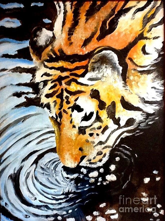 tiger drinking water painting