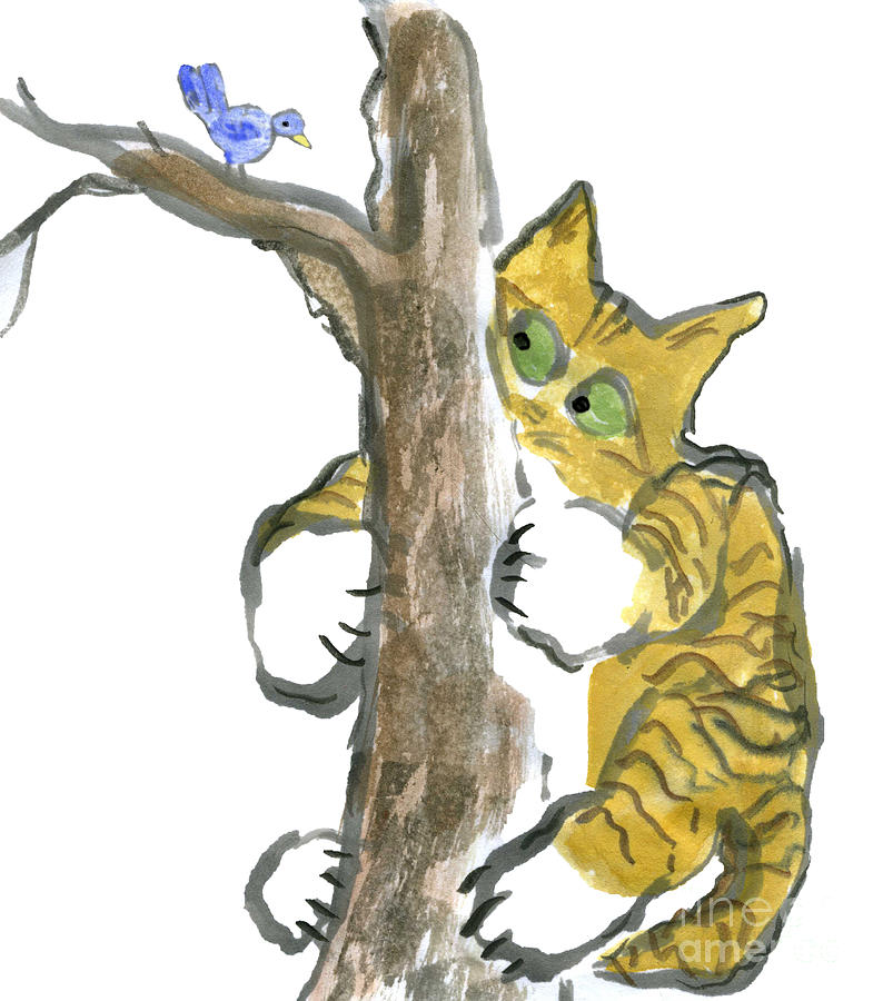 Tiger Kitten Climbs Tree Chasing the Bird Painting by Ellen Miffitt