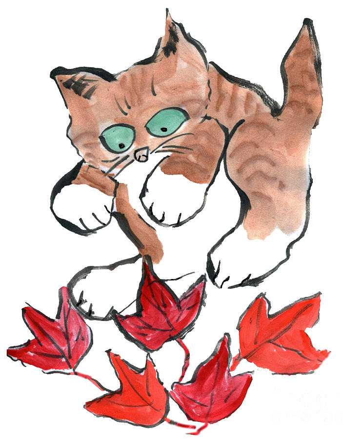 Tiger Kitten is about to Pounce on Five Leaves Painting by Ellen Miffitt