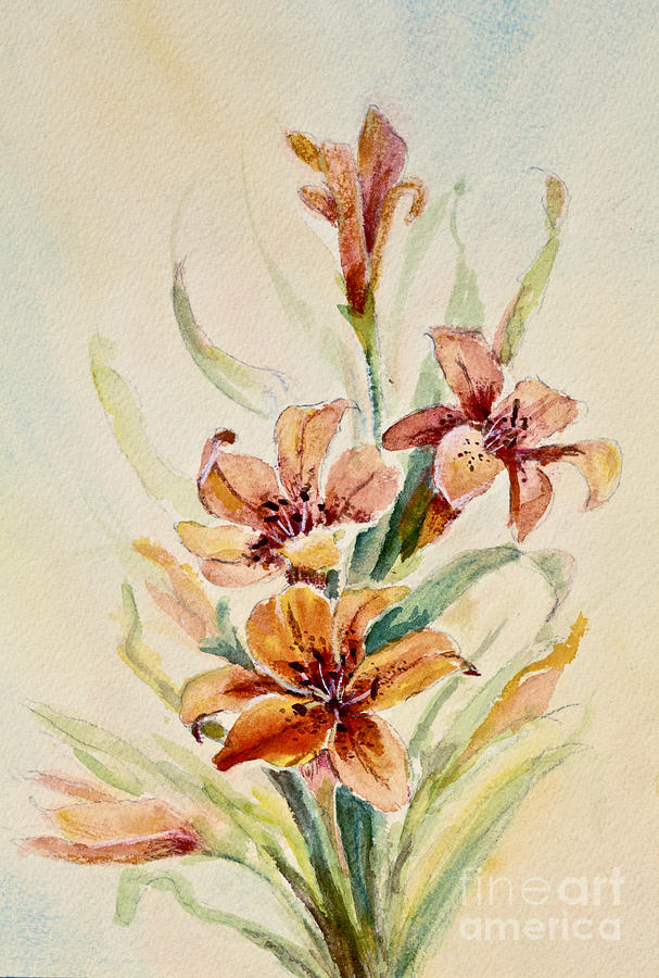 Tigers in Tiger Lilies - Reproduction of ferocious watercolor tigers,  looking more docile