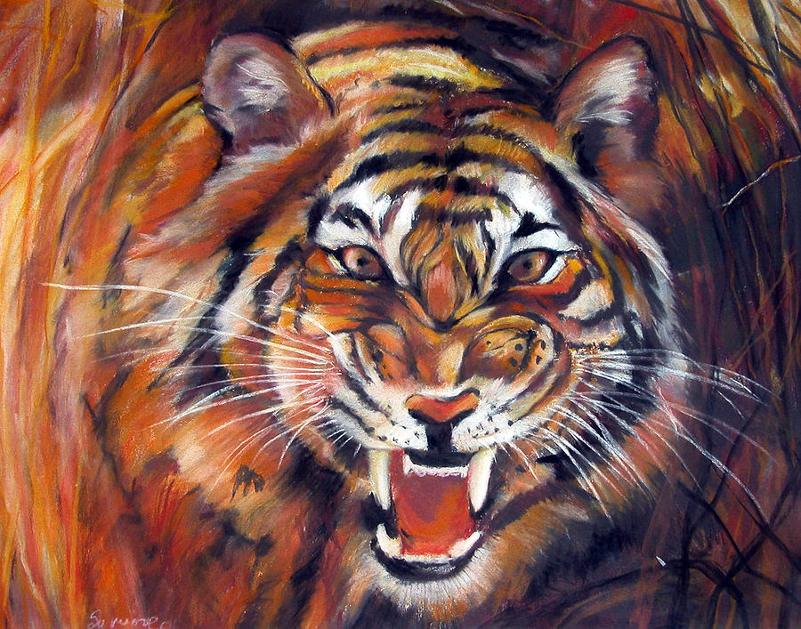 Tiger roaring Painting by Synnove Pettersen