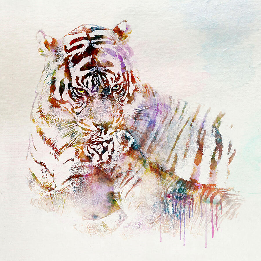 Tiger with Cub watercolor Painting by Marian Voicu