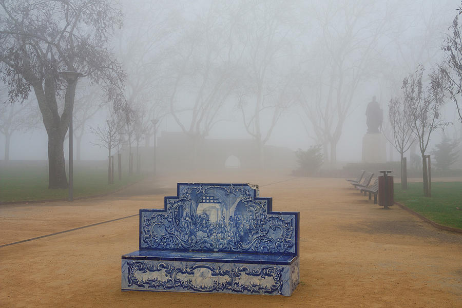 Tiled Garden Bench Rising From The Fog Photograph by Helena Paixão