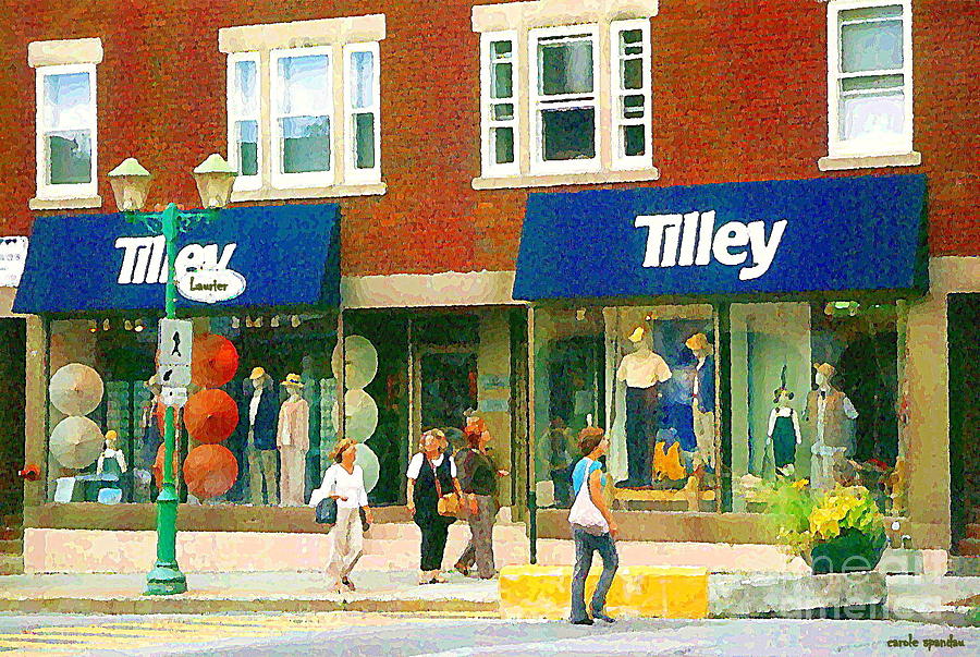 Tilley Hat Shop Safari Sports Wear Fashions Paintings Of Montreal Rue Laurier Street Scene C Spandau Painting by Carole Spandau