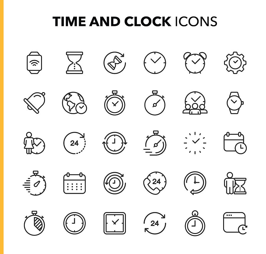 Time and Clock Line Icons. Editable Stroke. Pixel Perfect. For Mobile and Web. Contains such icons as Clock, Time, Deadline, Calendar, Smartwatch. Drawing by Rambo182