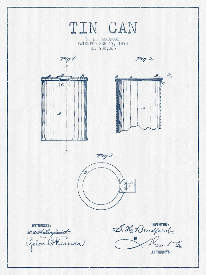 Beer Digital Art - Tin Can Patent Drawing from 1878 - Blue Ink by Aged Pixel