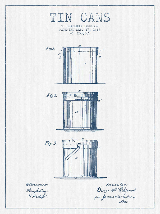 Tin Cans Patent Drawing From 1878 - Blue Ink Digital Art