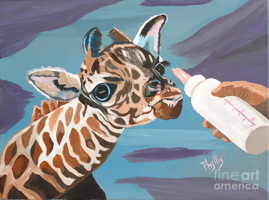 Tiny Baby Giraffe with Bottle Painting by Phyllis Kaltenbach