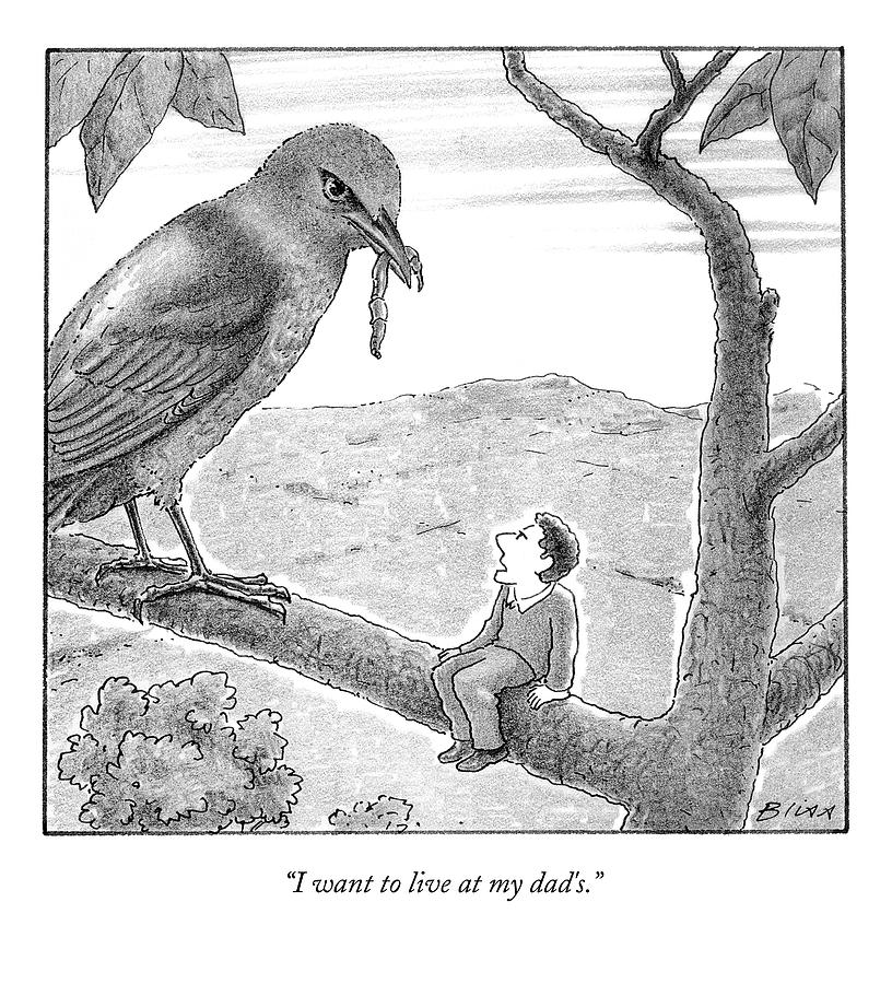 Tiny Man Looks Up At Bird As He Sits On A Branch Drawing by Harry Bliss