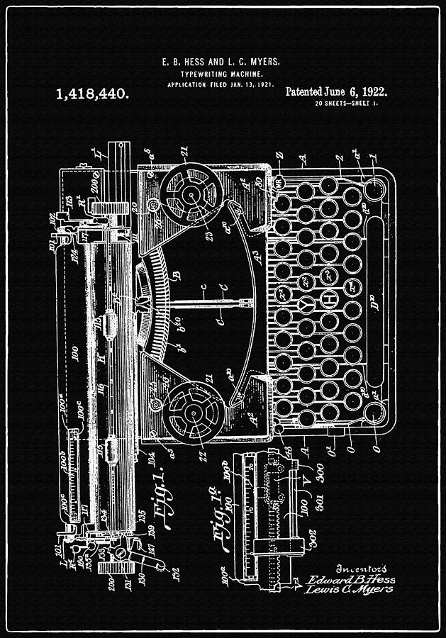 Tipewriting Machine Support Patent Drawing From 1922 2 Photograph by ...