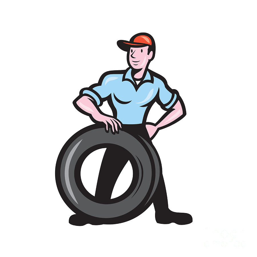 Tireman Mechanic With Tire Cartoon Isolated Digital Art by Aloysius  Patrimonio - Pixels