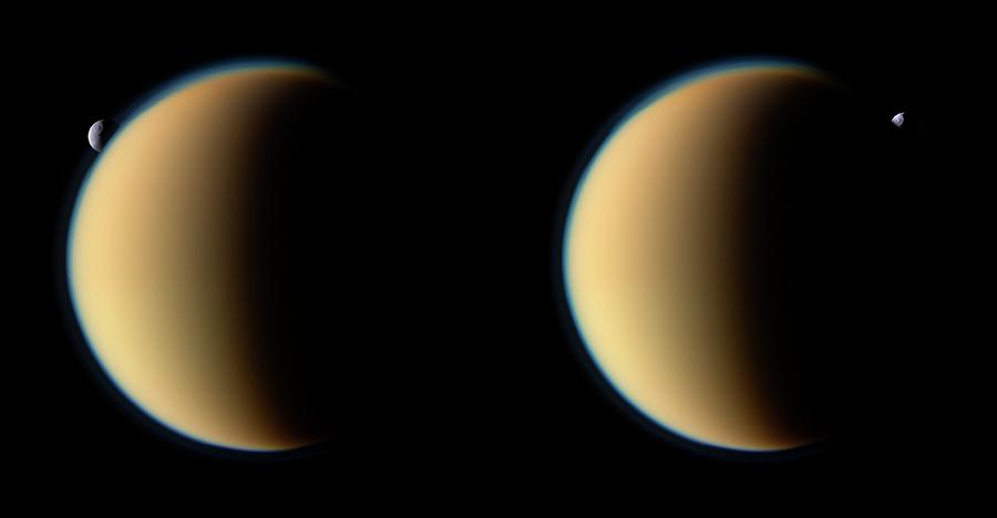 Titan Occulting Tethys Photograph by Nasa/jpl/space Science Institute/science Photo Library