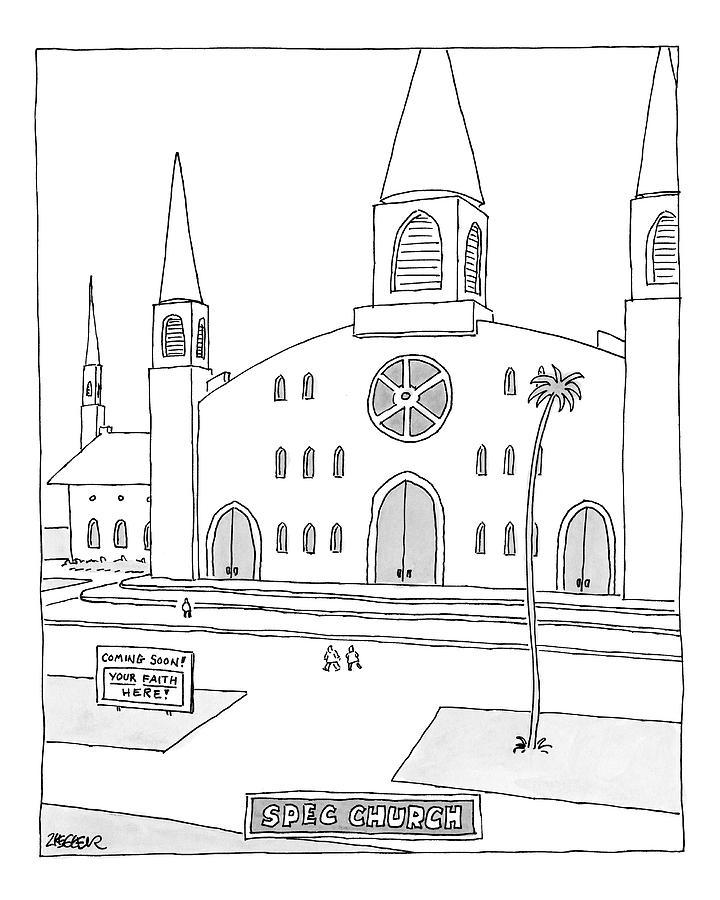 Title: Spec Church. A Billboard Outside A Church Drawing by Jack Ziegler