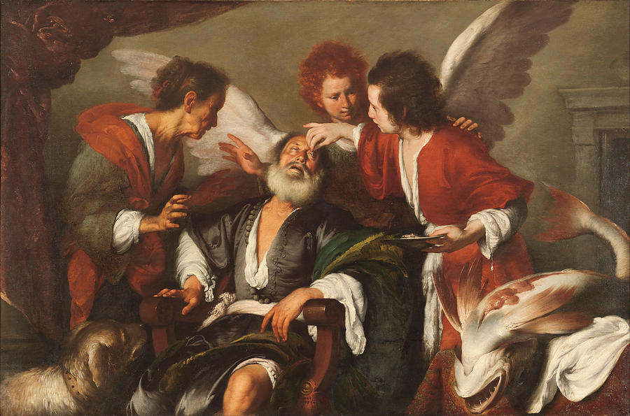 Tobias Curing His Fathers Blindness Painting by Bernardo Strozzi