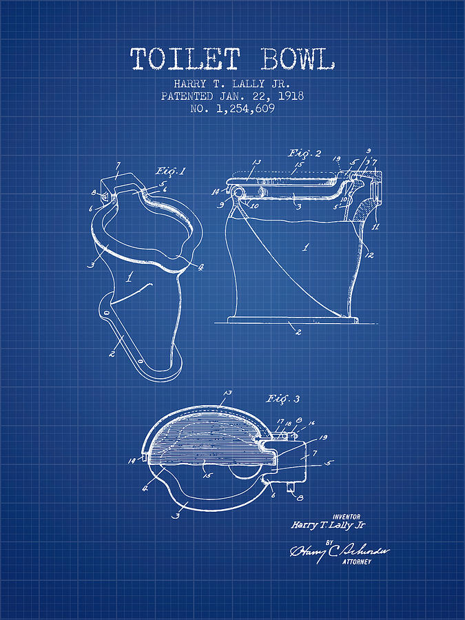 Vintage Digital Art - Toilet Bowl Patent from 1918 - Blueprint by Aged Pixel