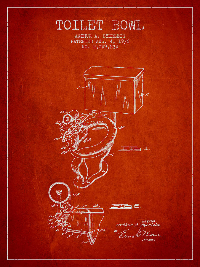 Vintage Digital Art - Toilet Bowl Patent from 1936 - Red by Aged Pixel