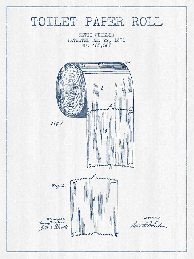 Vintage Digital Art - Toilet Paper Roll Patent Drawing From 1891  - Blue Ink by Aged Pixel