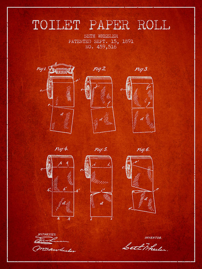 Vintage Digital Art - Toilet Paper Roll Patent from 1891 - Red by Aged Pixel