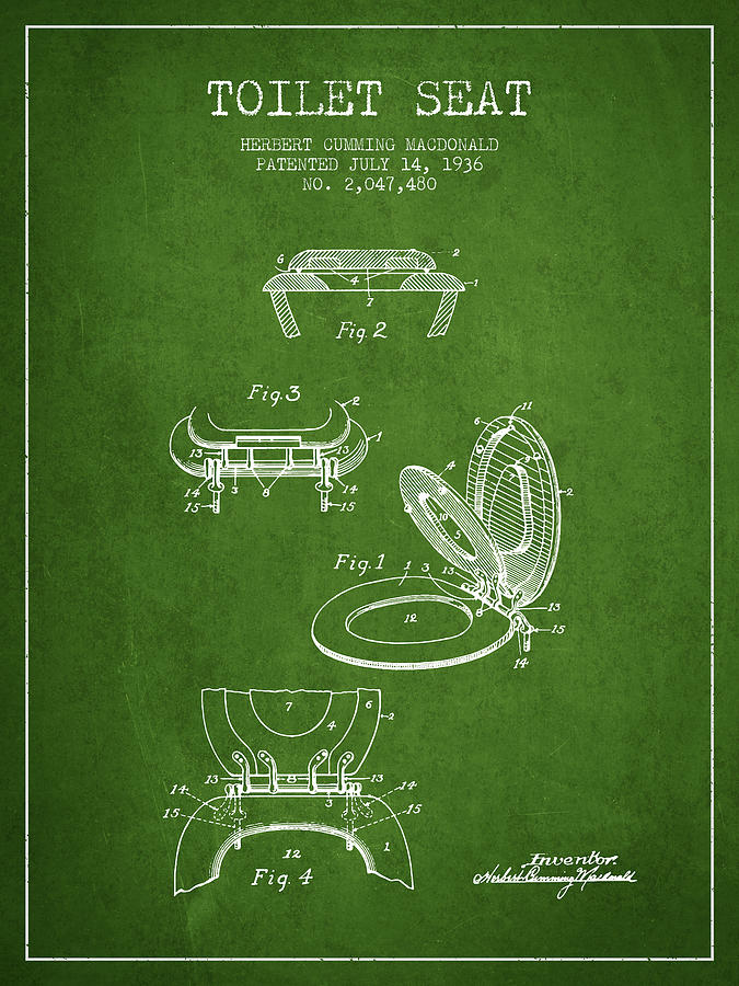 Vintage Digital Art - Toilet Seat Patent from 1936 - Green by Aged Pixel