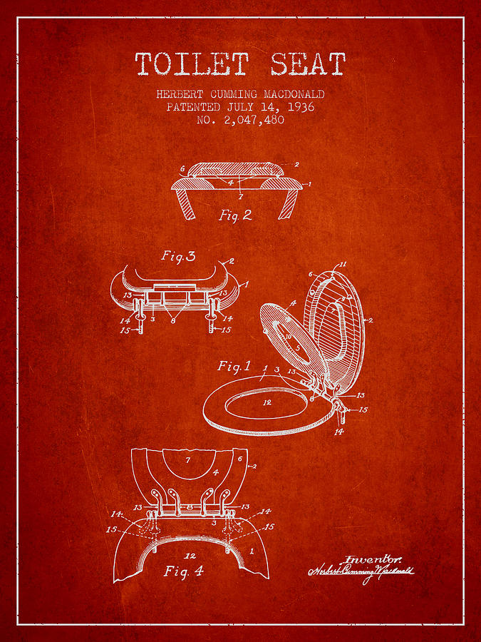 Vintage Digital Art - Toilet Seat Patent from 1936 - Red by Aged Pixel