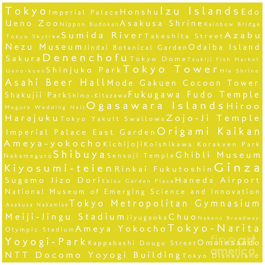 Tokyo In Words Yellow Digital Art