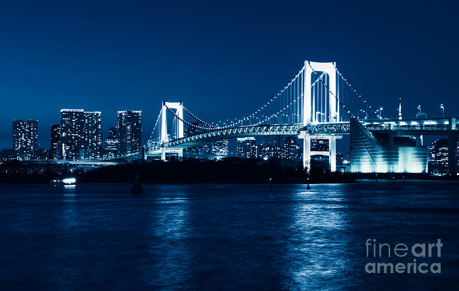 Architecture Photograph - Tokyo Rainbow bridge at night toned in blue by Maxim Images Exquisite Prints