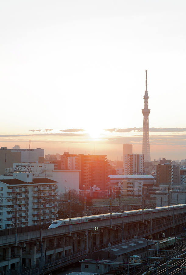 Tokyo Skytree Aad Bullet Train At Dawn Photograph by Toshiro Shimada