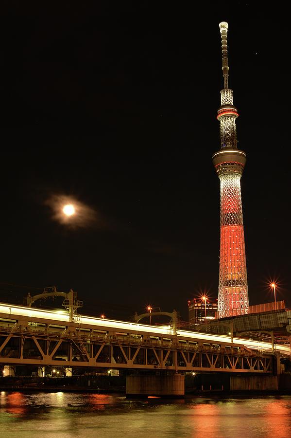 Tokyo Skytree And Moon Photograph by Y.zengame