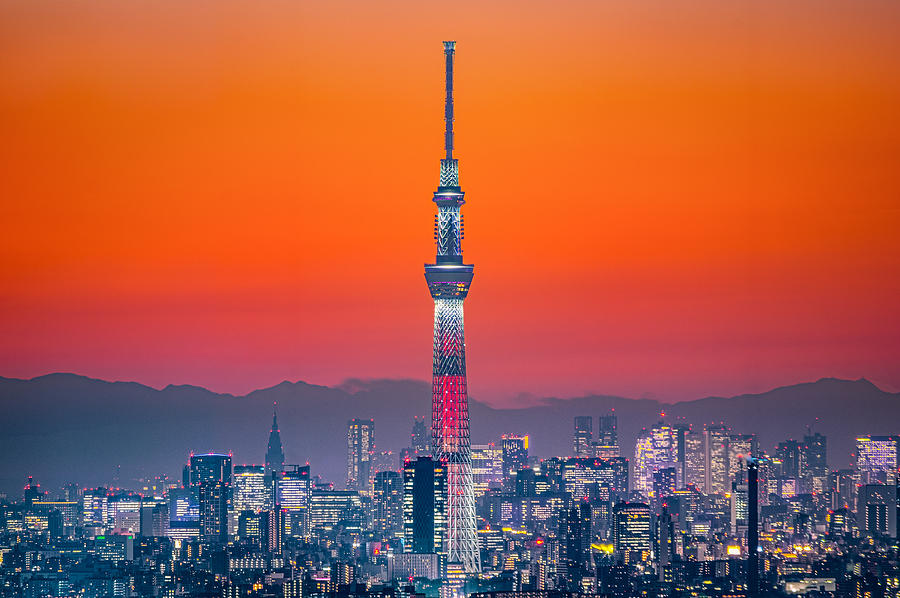 Tokyo Skytree in Orange Twilgiht Sky Photograph by Shingo Tamura