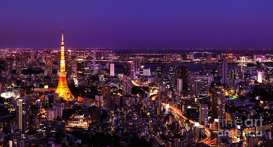 Landmark Photograph - Tokyo Tower and brightly lit city at night by Maxim Images Exquisite Prints