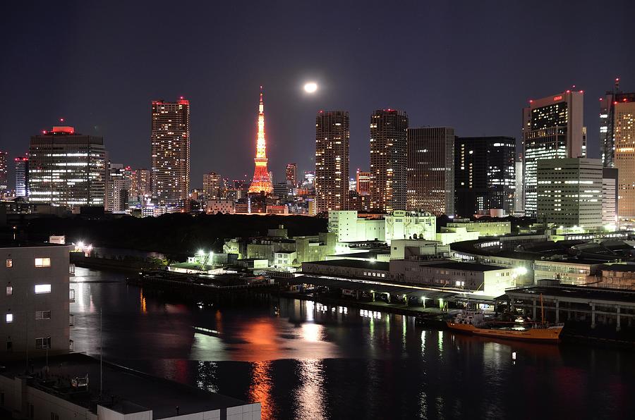 Tokyo Tower With A Half Moon Photograph by Keiko Iwabuchi