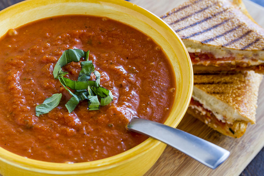Tomato and Basil Soup with Grilled Cheese Panini Photograph by Teri Virbickis