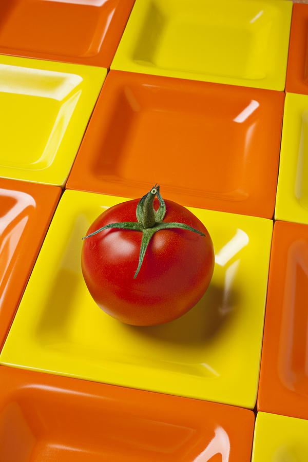 Tomato Photograph - Tomato on square plate by Garry Gay