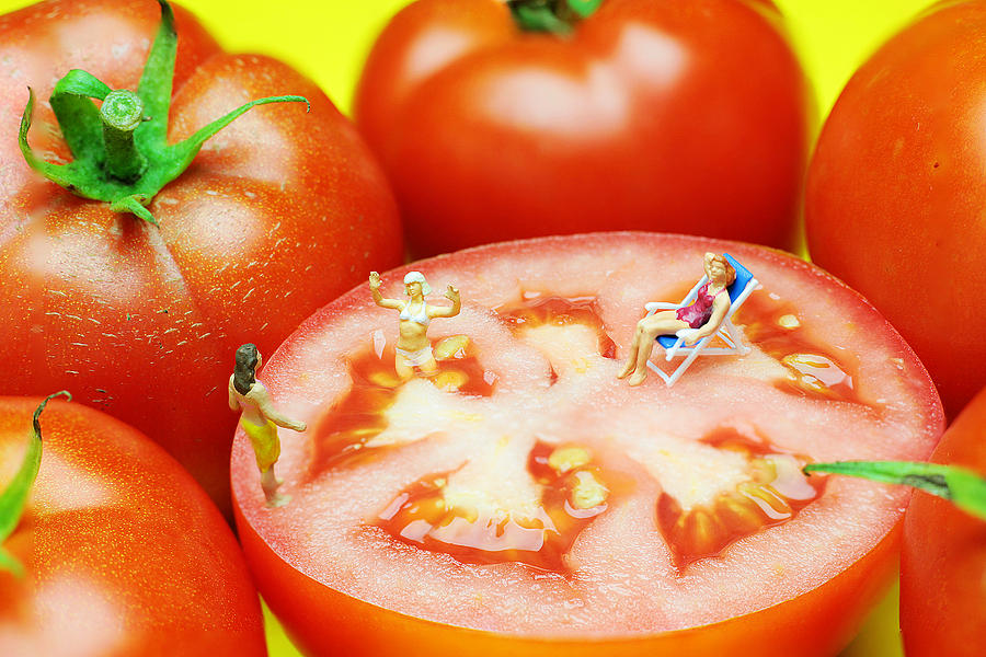 Tomato Photograph - Tomato Swimming Pool little people on food by Paul Ge