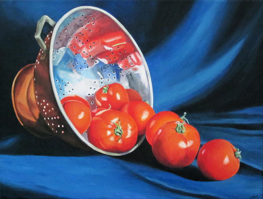 Still Life Painting - Tomatoes in copper colander by Lillian  Bell