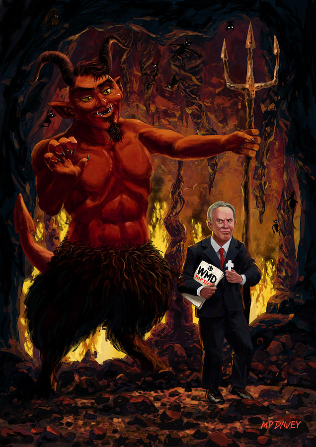 Tony Blair in Hell with Devil and holding Weapons of Mass Destruction document Digital Art by Martin Davey