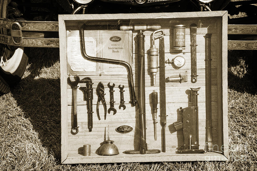 Tool Kit for 1929 Ford Classic Antique Automobile Car in Sepia   Photograph by M K Miller