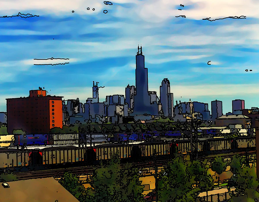 Chicago Skyline Digital Art - Toon Chicago from the train yards by Flees Photos