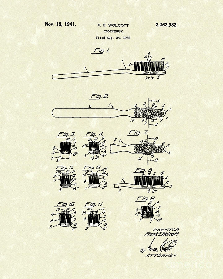 Toothbrush 1941 Patent Art Drawing by Prior Art Design